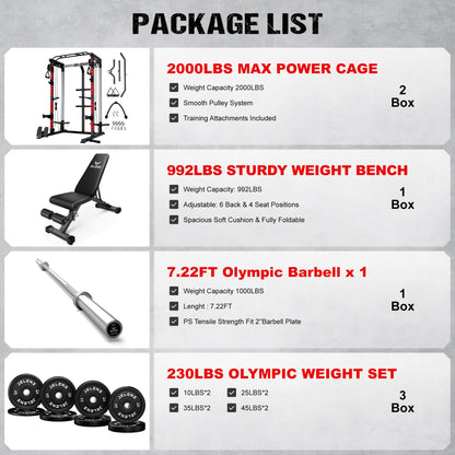 JELENS C21 Power Cage, 2000LBS Multi-Function Power Rack with Independent Dual Pulley System, All-in-One Squat Rack for Cable Crossover, Home Gym Workout Machine (Red, 230LB Black Weights)