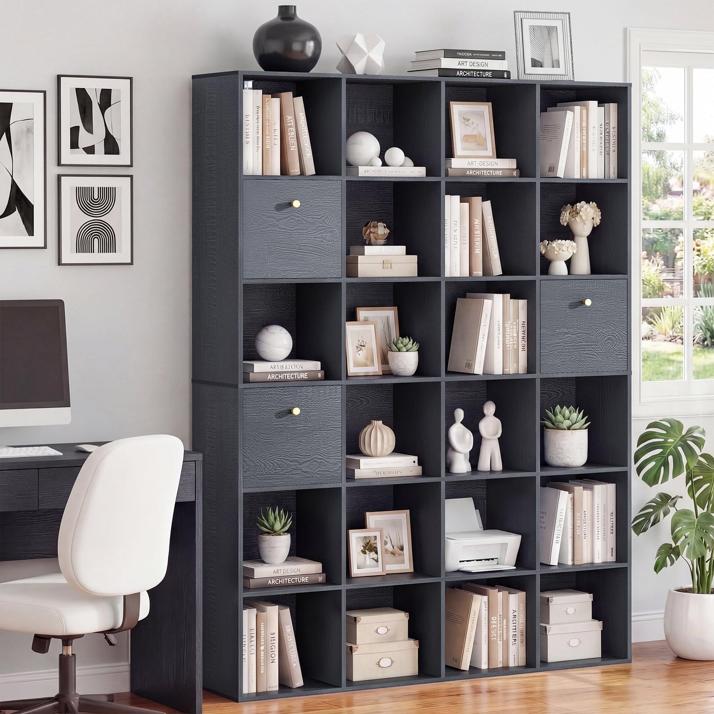 Modern Cube Storage Organizer, 24 Open Shelves Bookcase with 3 Storage Bins, Black Book Case with Wood Grain, Freestanding Shelf for Bedroom, Living Room, Home Office, Library, Wooden Large Book Shelf