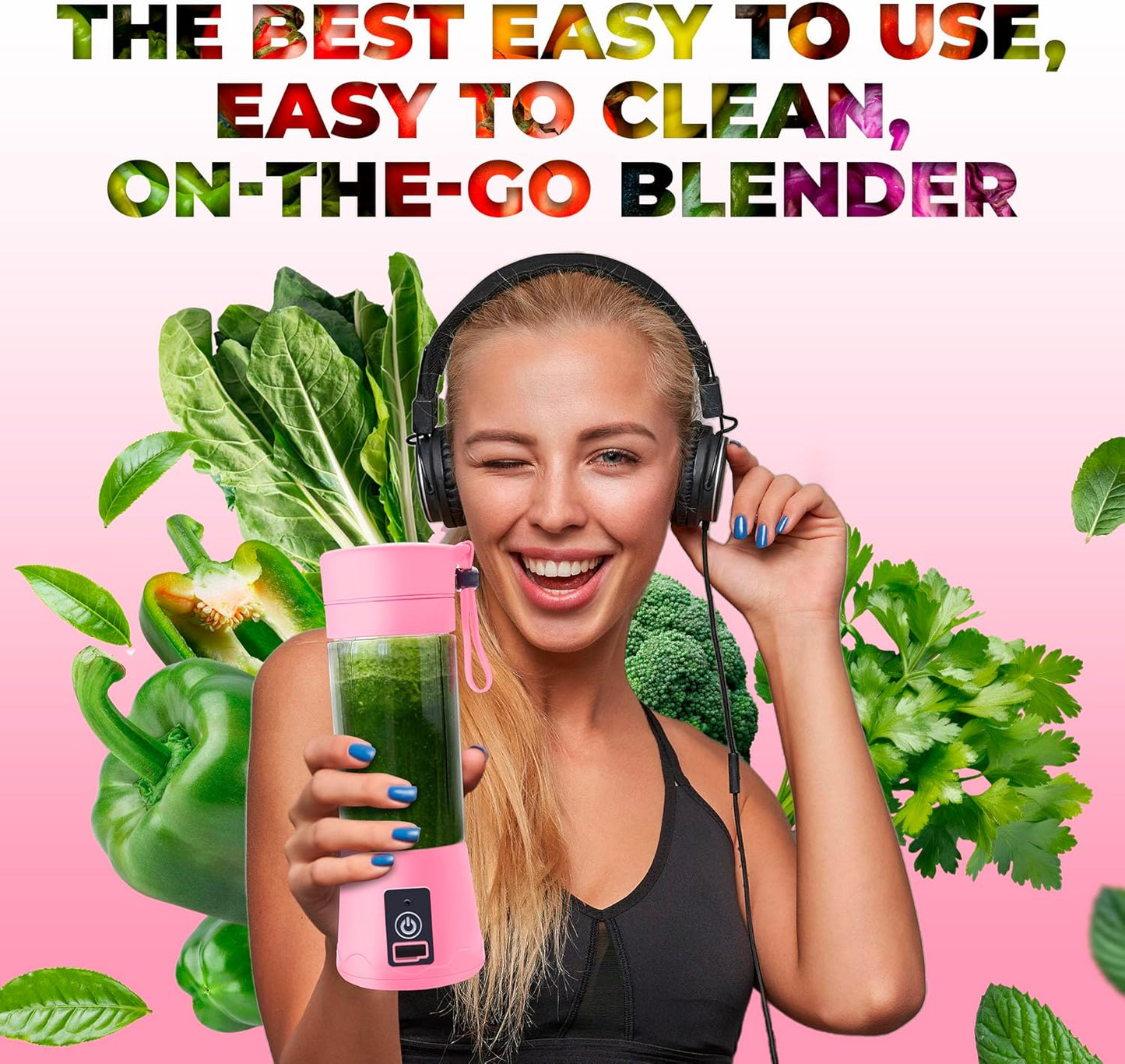 Portable Blender, Compact USB Rechargeable Personal Travel Blender for Smoothies, 380ml, Pink