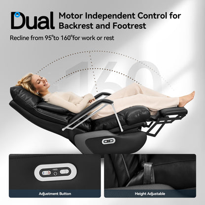 OKUP® M80 Dual Motor Electric Executive Office Chair with Footrest, Comfortable Reclining Office Chair Wide Seat, Ergonomic Leather Home Office Desk Chair, Black, No Massage