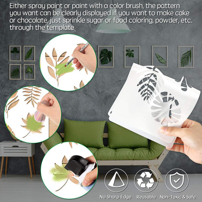 12 Pieces Tropical Fern Leaf Painting Stencils Large Reusable Palm Turtle Leaf Wall Stencil Flexible Botanical Leaves Template Set Crafts for Furniture Canvas Wood Plank (6 x 12 Inches)