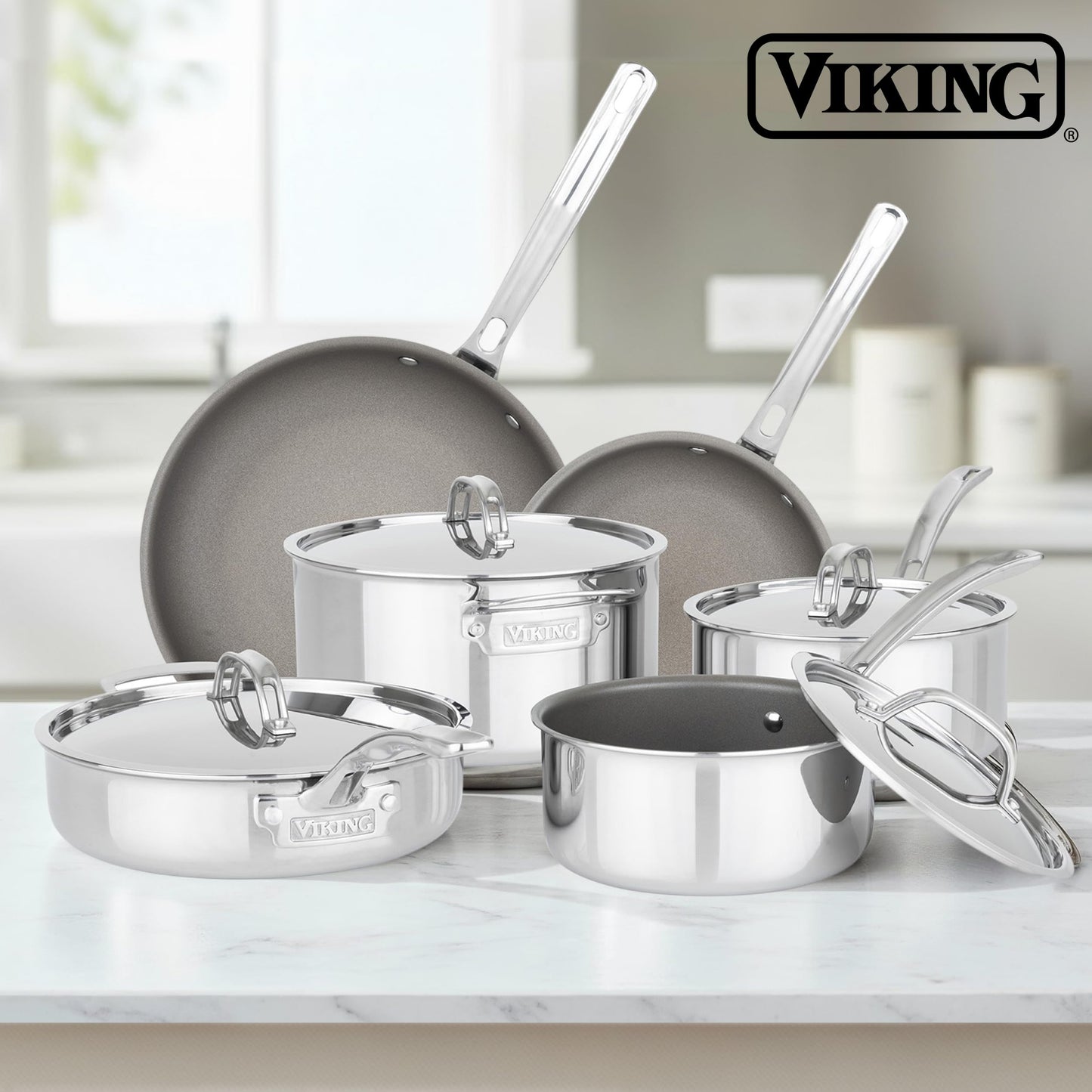 Viking PureGlide Pro 3-Ply Nonstick Cookware Set, Made without PFAS, 10-Piece Induction Pots and Pans Set, Metal Utensil Safe Titanium Nonstick Surface, Oven Safe to 600F