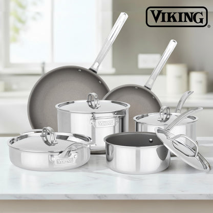 Viking PureGlide Pro 3-Ply Nonstick Cookware Set, Made without PFAS, 10-Piece Induction Pots and Pans Set, Metal Utensil Safe Titanium Nonstick Surface, Oven Safe to 600F