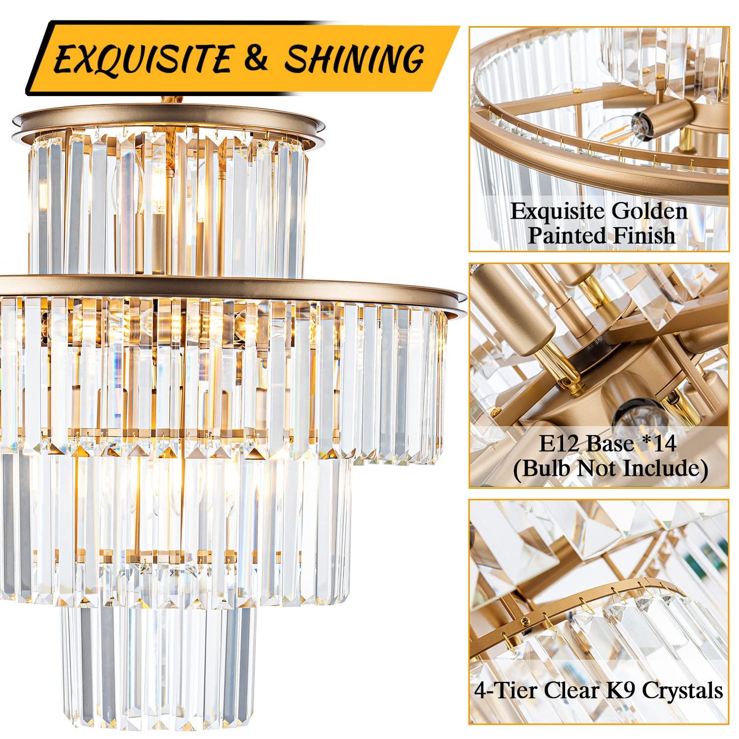 lighceac 23" 14-Light Modern Crystal Chandelier Light Fixtures 4-Tier Gold Luxury Chandeliers for Dining Room Round Hanging Pendant Lighting for Living Room Kitchen Entryway Bedroom Foyer Hallway
