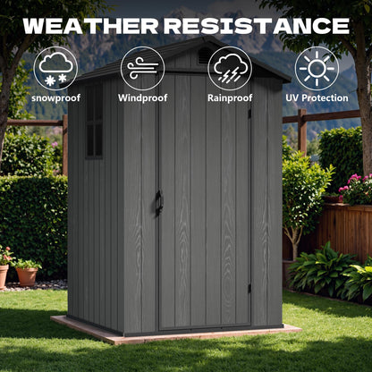 Devoko 4×4 FT Resin Storage Shed with Floor, Plastic Outdoor Garden Shed with Windows and Lockable Doors, Waterproof Outside Tool Sheds for Patio Backyard Lawn, Dark Gray