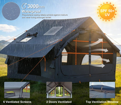 SHANQUAN Inflatable Tents for Camping with Stove Jack, 4/6 Person Easy Setup Blow up Tents for 4 Seasons Waterproof Inflatable Camping Tent with Clear Skylight, Air House Glamping Tents for Adult