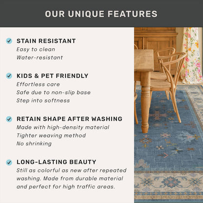 Washable 3x6 Throw Rug - Blue Non-Slip Indoor Rug for Kitchen, Entryway, Bedroom | Boho Modern Décor