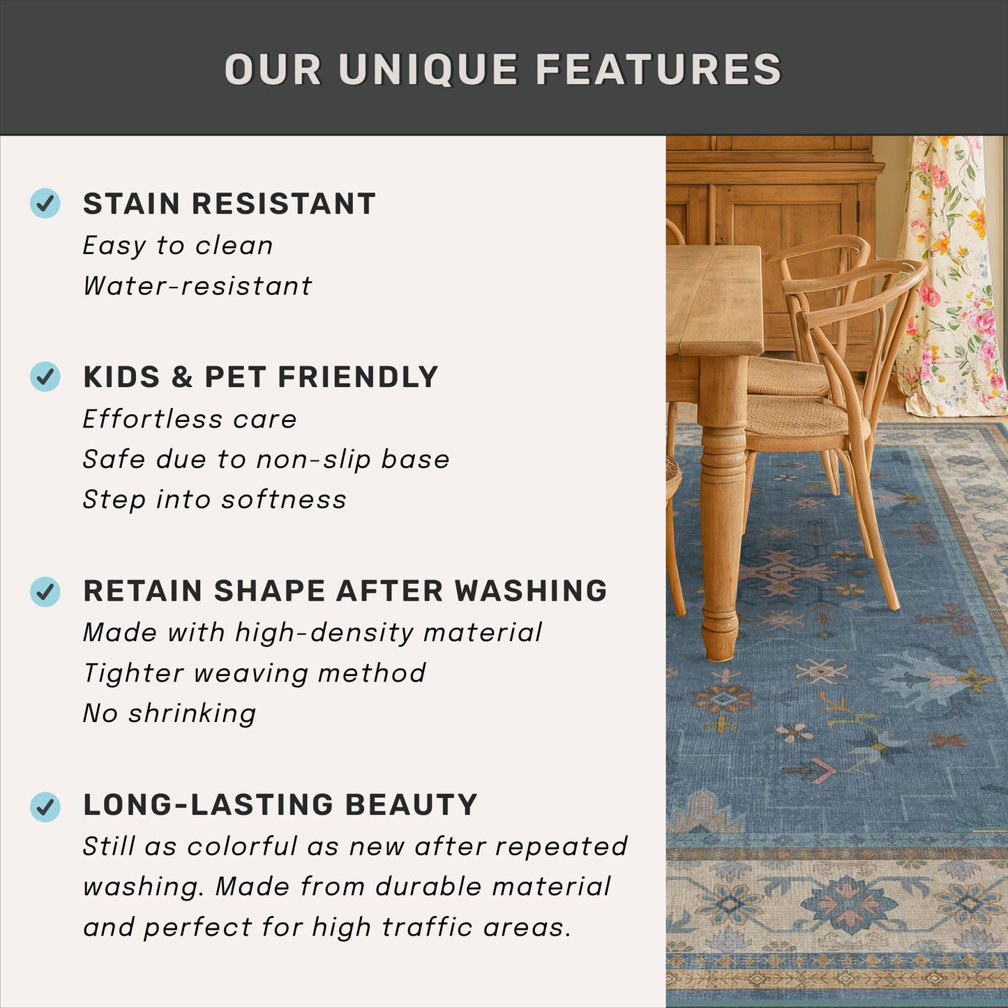Hazo Haus Blue Big Rugs for Living Room - Dusty Blue 10x14 Area Rug for Large Bedroom, Dining Room, Washable Lightweight Low Pile Foldable Eclectic Modern Floral Home Décor