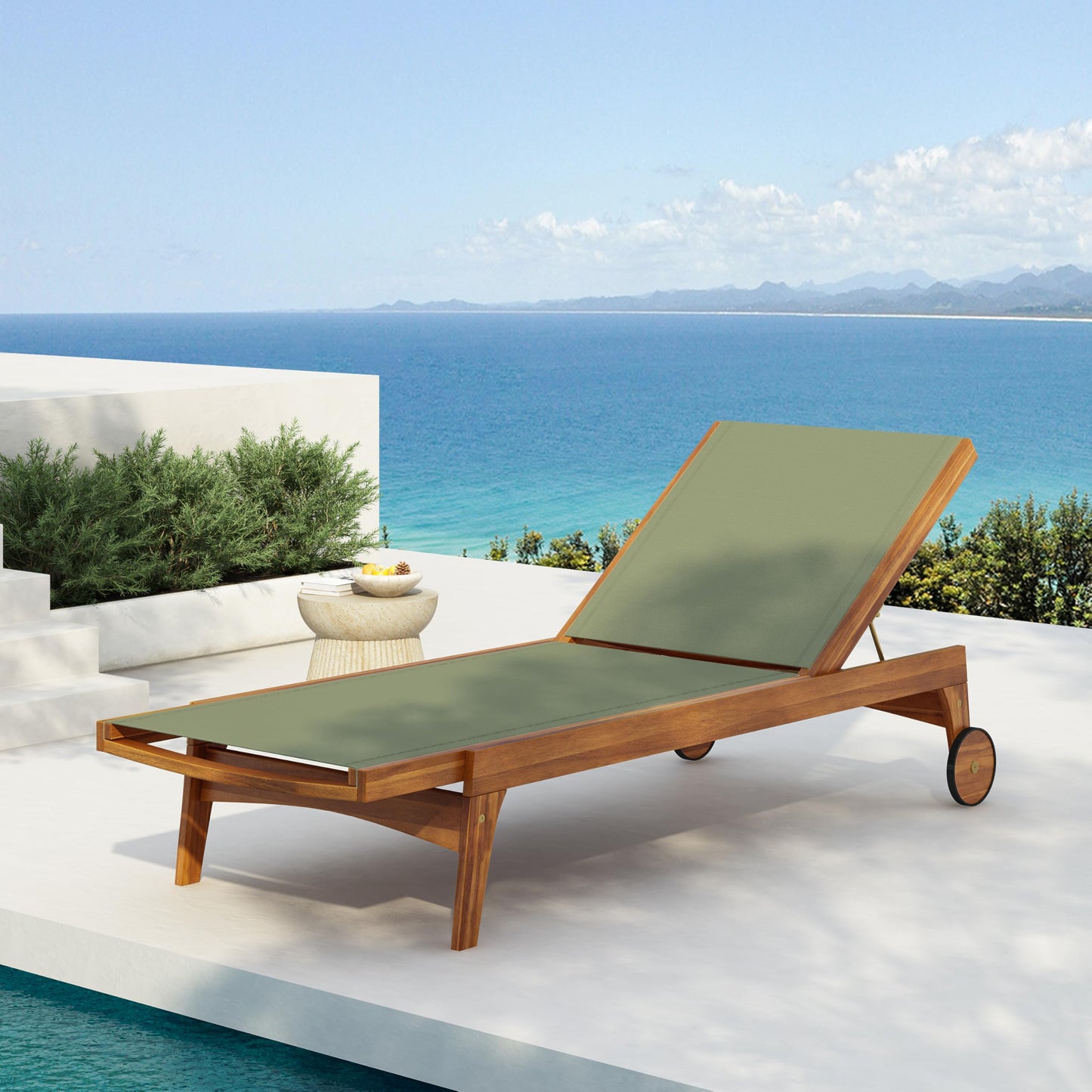 Merax Patio Chaise Lounge Chair, Acacia Wood Frame with Mesh Seat, Adjustable Outdoor Recliner, Weather-Resistant Poolside Lounger Green