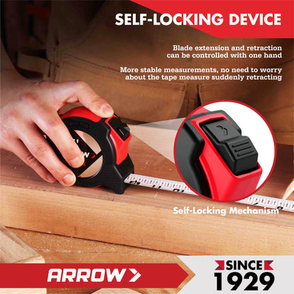 Arrow 25FT Auto-Lock Tape Measure, Easy Read Measuring Tape with Fractions 1/8″, Double Sided Measurement Tape with 1″ Blade, Belt Clip, Dual-End Metal Hook, and Rubber Protective Casing