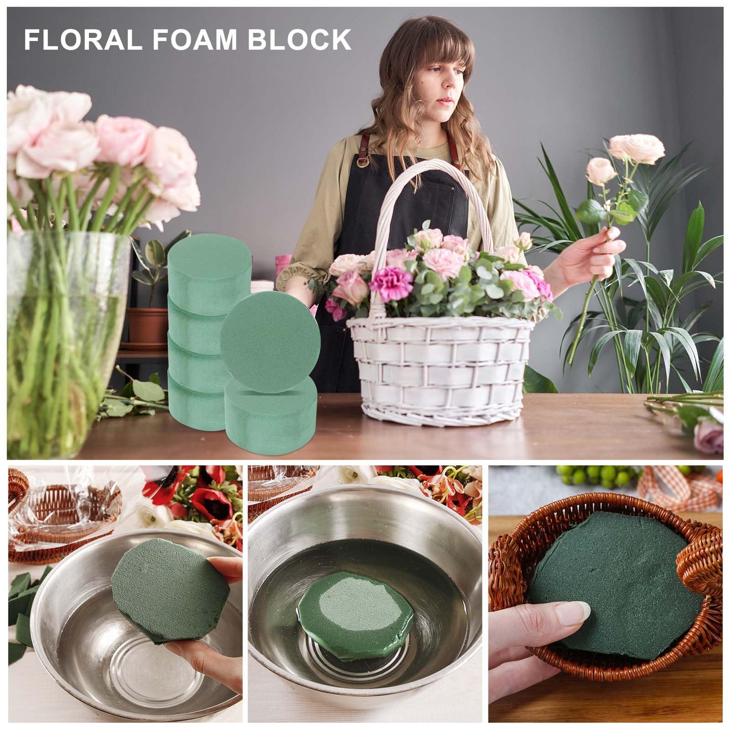 MECCANIXITY Floral Foam Block Round 7.1 x 1.5 Inch Dry or Wet Flower Foam Bricks for Flower Arrangements Wedding Birthday Party Decorations Green, Pack of 6