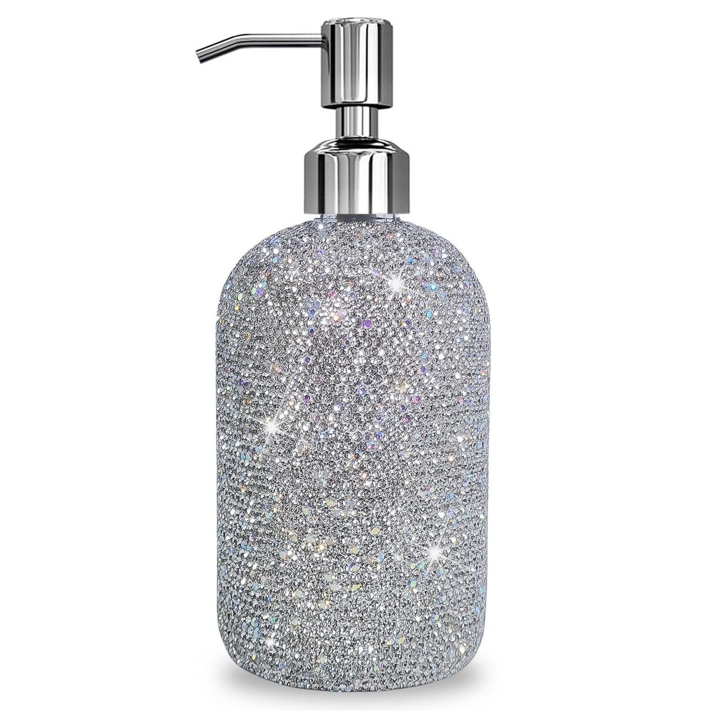 SlowVibes 18Oz Bling Glass Soap Dispenser with Rust Proof Stainless Steel Pump,Refillable Liquid Hand Wash Bottle for Bathroom Kitchen,Sparkle Decorative Shower Dispenser,Rhinestone Lotion Dispenser