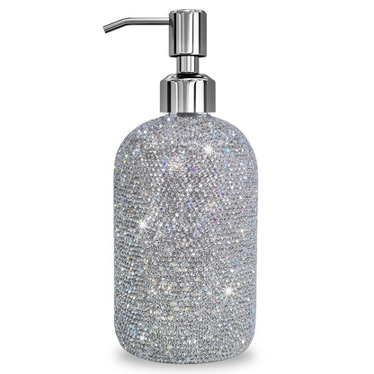 SlowVibes 18Oz Bling Glass Soap Dispenser with Rust Proof Stainless Steel Pump,Refillable Liquid Hand Wash Bottle for Bathroom Kitchen,Sparkle Decorative Shower Dispenser,Rhinestone Lotion Dispenser