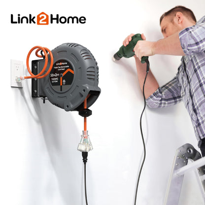 Link2Home 50 Ft. Retractable Extension Cord Reel with 3 Outlets, Lighted Triple Tap, 14AWG SJTOW Heavy-Duty Cord, Overload Protection, Wall/Ceiling Mount
