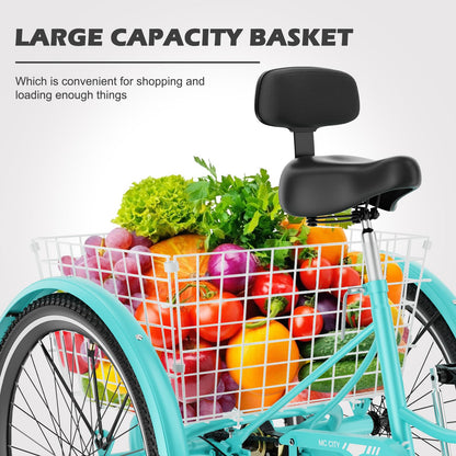 H&ZT Adult Tricycle, 3 Wheeled Bike, Trike Cruiser Bike, with 7-Speed Gear, Parking Brake Handle, Low Step, Large Rear Basket, Elderly Friendly, for Men, Women, and Teens
