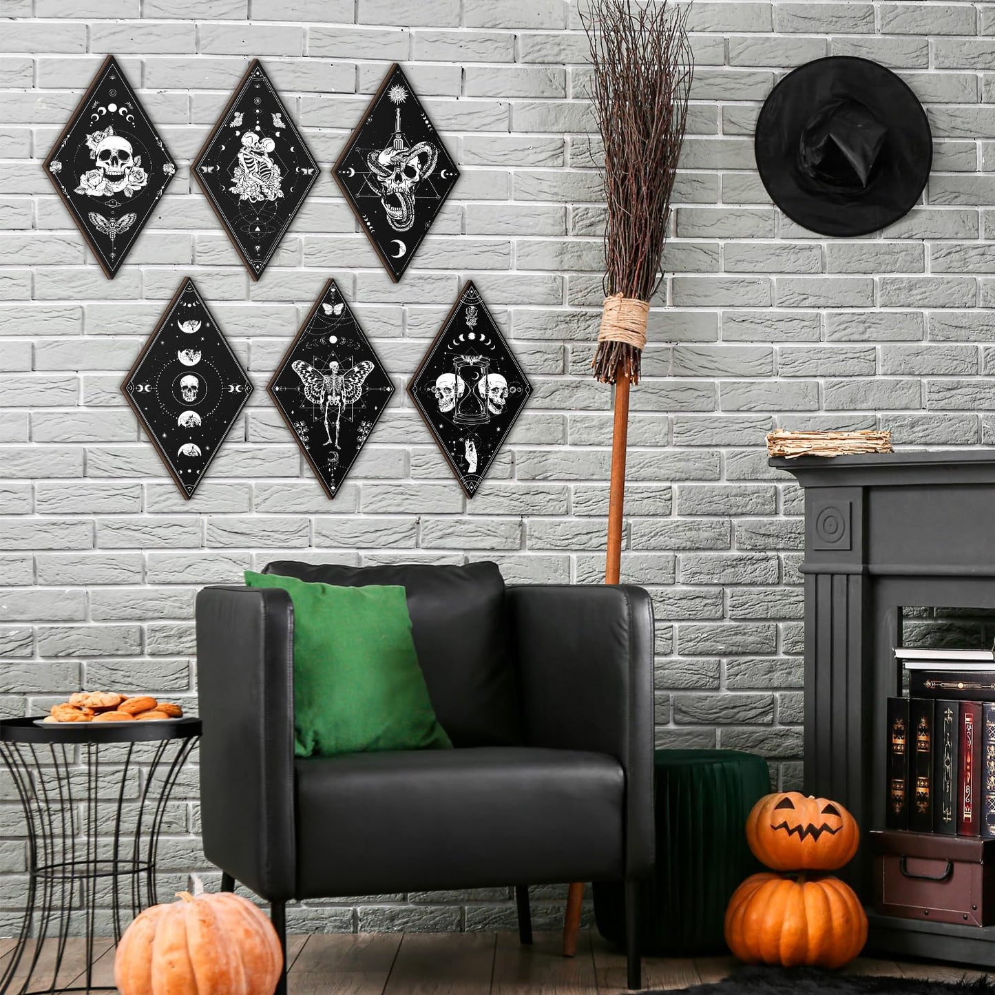Huwena 6 Pack Gothic Wall Decor for Bedroom Living Room Dark Boho Skull Moon Snake Sun Phase Wooden Hanging Art
