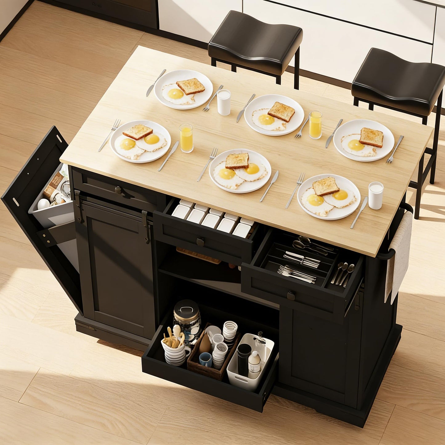 Large Rolling Kitchen Island with Power Outlet, Mobile Kitchen Cart on Wheels with Drop Leaf, 3 Drawers, Trash Can Storage, Spice Rack, Towel Holder, Kitchen Island Table for Dining Room, Home, Black
