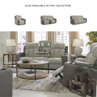 Signature Design by Ashley Point Clear Transitional Faux Leather Power Reclining Sofa with Drop Down Table, Lumbar Massage, LED Lights and Adjustable Headrest, Gray & Beige