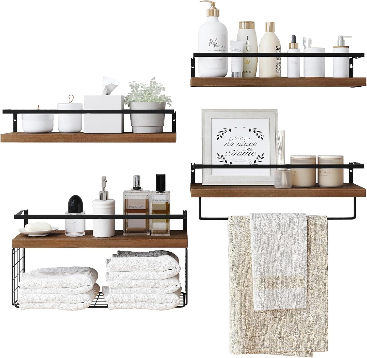 Wood Floating Shelves by [Brand Name] - Rustic Wall-Mounted 4-Tier Bathroom Shelf Set with Basket & Towel Bar