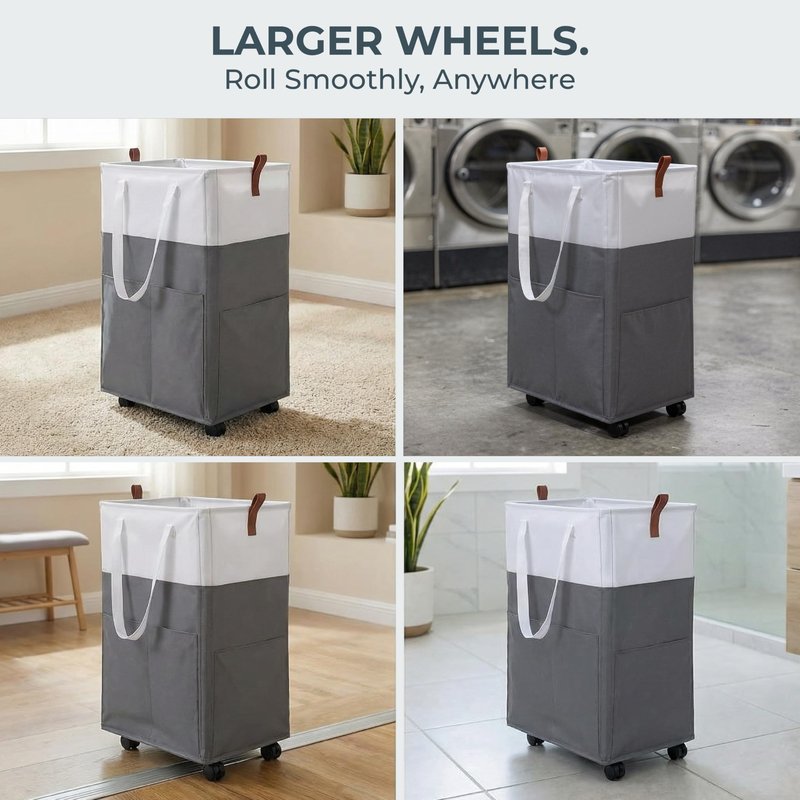 Laundry Basket with Wheels – Foldable, Space-Saving, Fabric Slim Laundry Hamper with Removable Bag and Side Pouches – Lightweight 75L Washing Basket for Clothes, Bedroom, Bathroom, Dorm