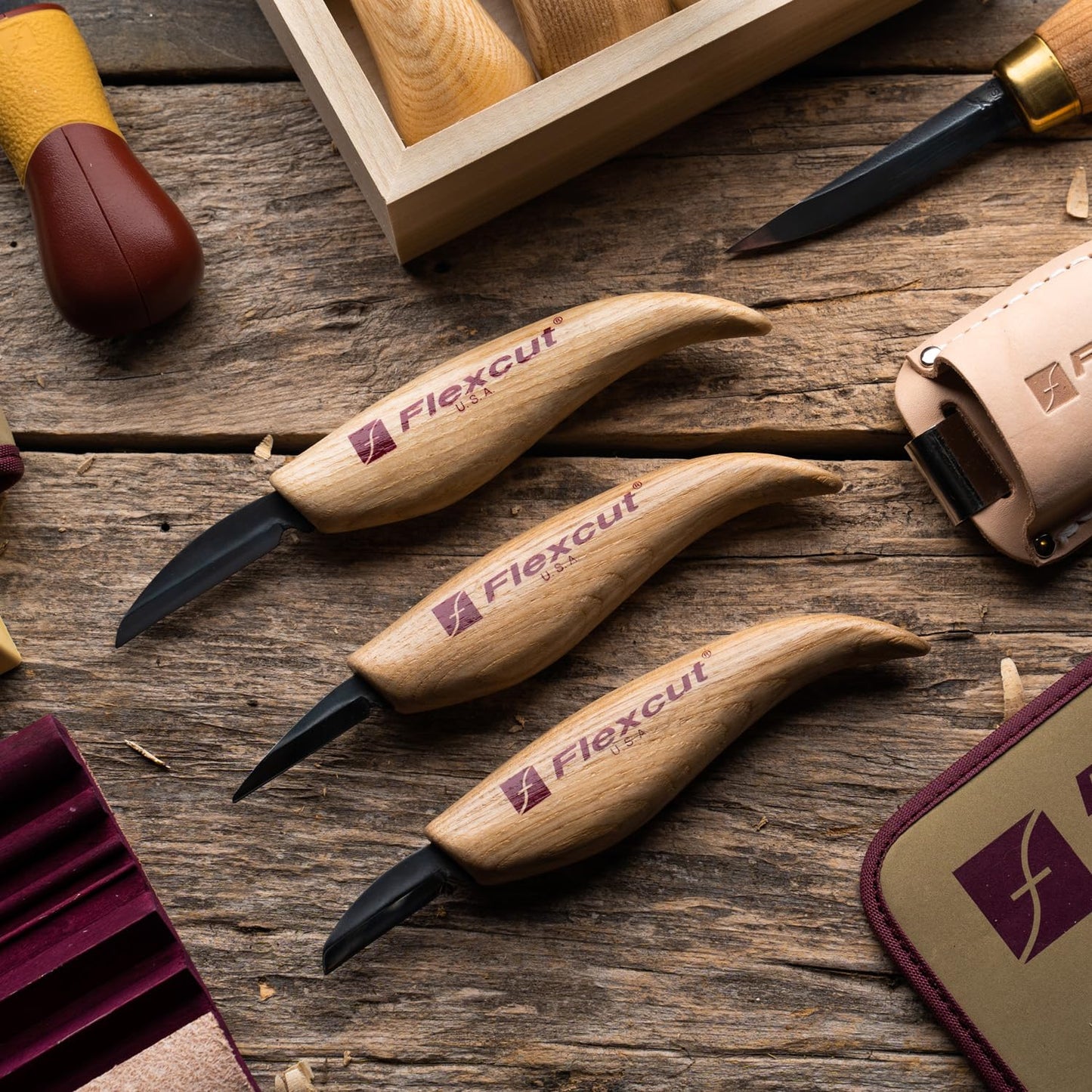 Flexcut Wood Carving Knives | Starter Set of 3 Woodcarving Knives | 1095 High Carbon Steel Blades | Ergonomic Ash Wood Handles for Beginners and Hobbyists | KN500 | Made in the U.S.A