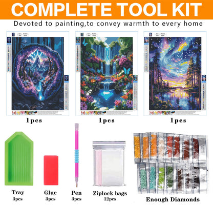 3 Pack Diamond Art Kits for Adults, Starry Sky Lake Diamond Painting Kits for Adults, 5D DIY Round Drill Gem Art Paint with Diamonds Dots Crafts Kits for Home Decor Gift 12x16inch (Landscapes)