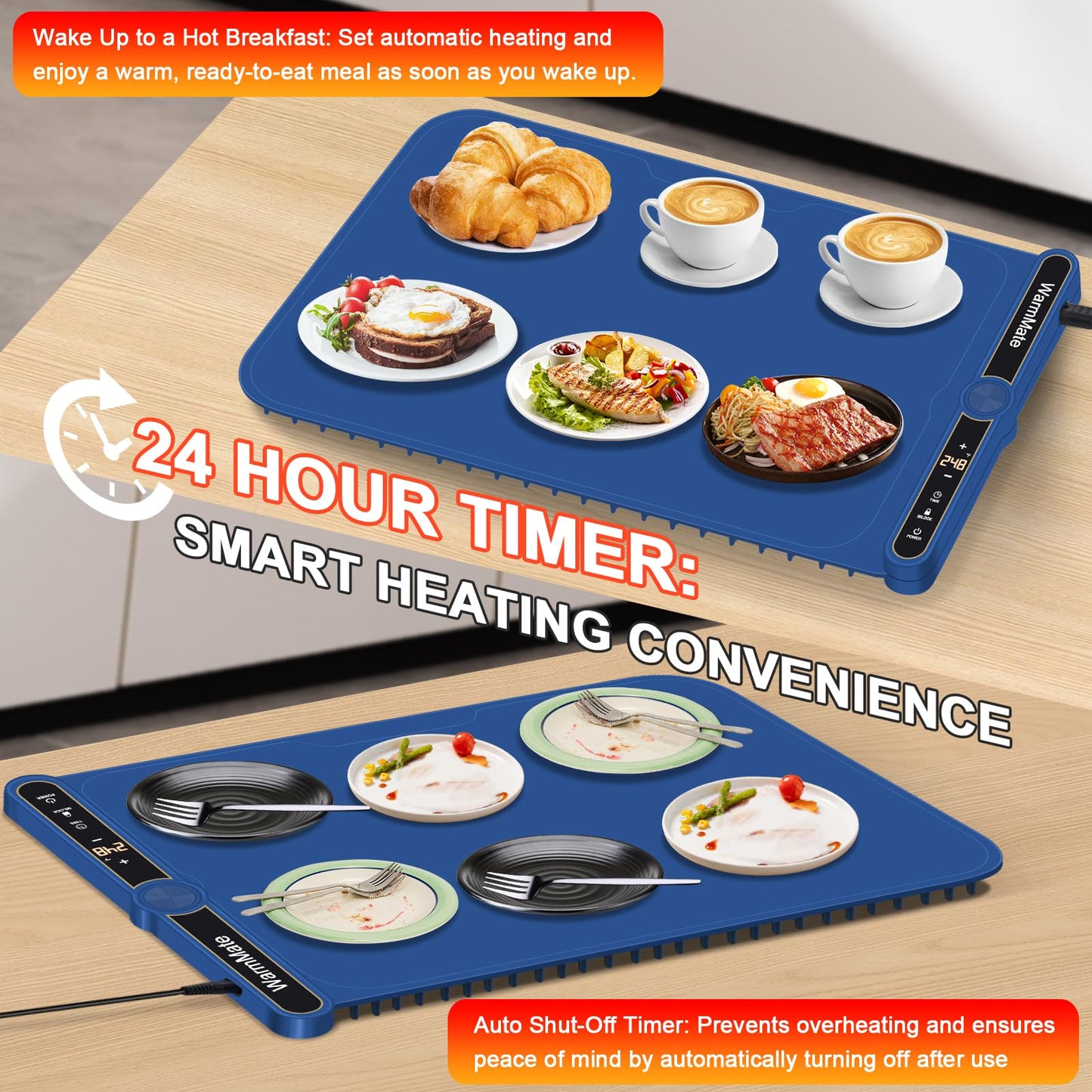 WarmMate Food Warming Mat，Electric Warming Tray with 9-Level Temperature Precision Control, 6H Timer,8s Full Surface Rapid Heating, Ideal for Buffets, Parties & Gatherings (Roll-Up Design，Dark Blue)
