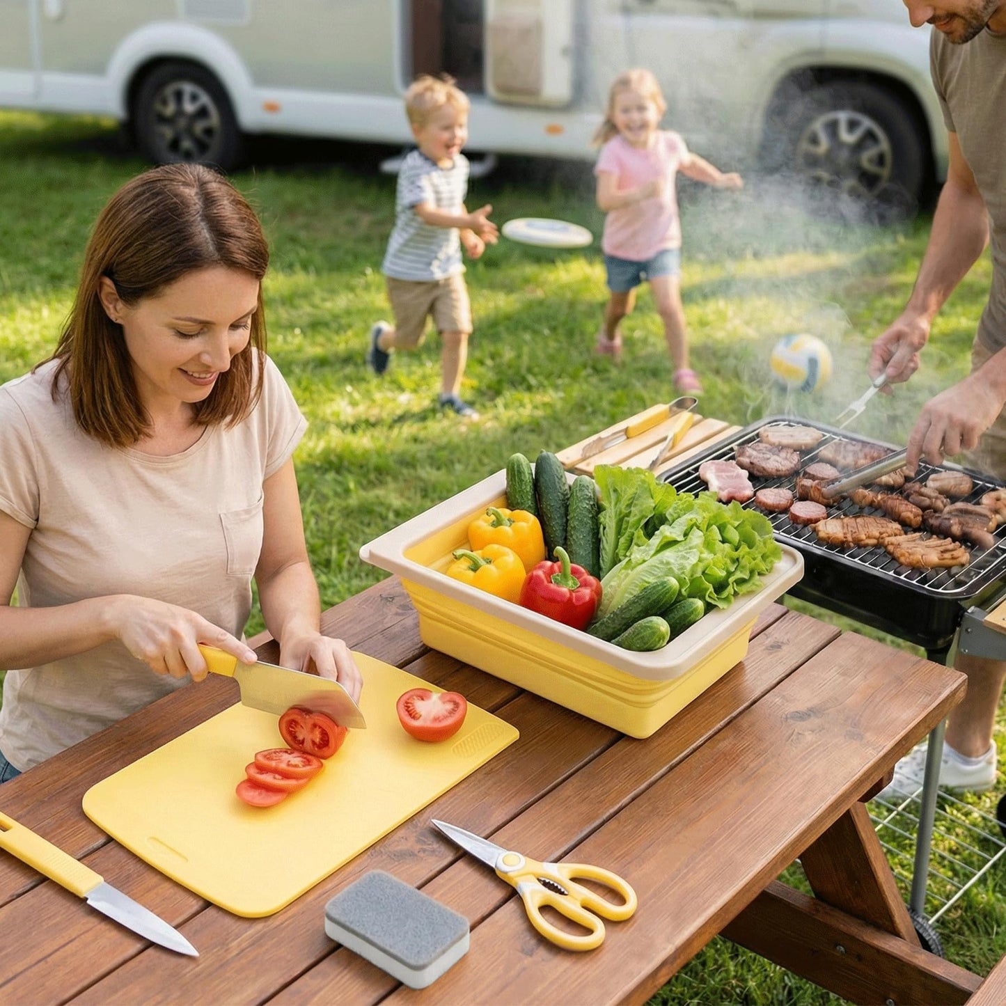 Camping Cutting Board Set - 7-in-1 Portable Foldable Chopping Board with Knife, Vegetable Washing Basket, Kitchen Essentials for Camping, RV, Picnic, Travel & Outdoor Cooking