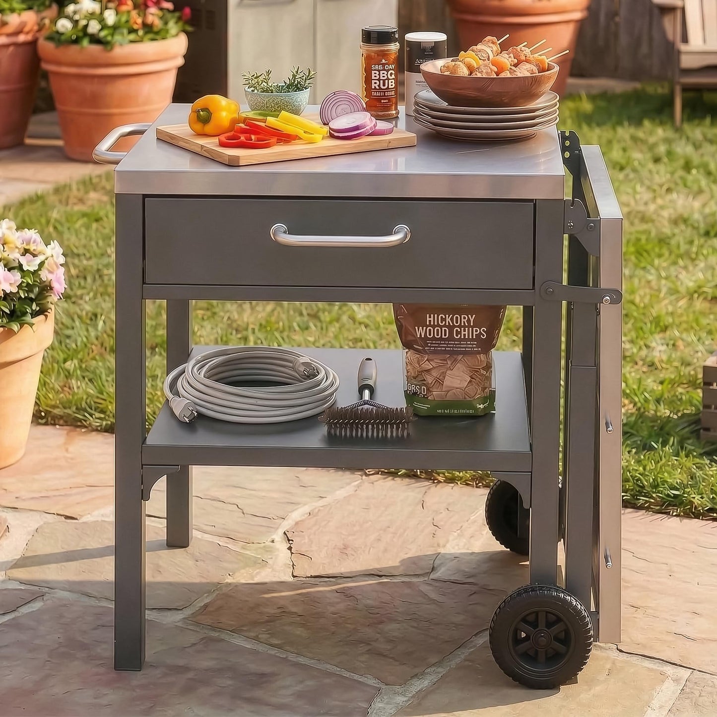 GDFStudio Outdoor Folding Kitchen Cart with Stainless Steel Top, Rolling Grill Prep Table with Drawer and Shelf, Portable Serving Cart with Wheels for Patio Backyard BBQ Cooking Station, Grey