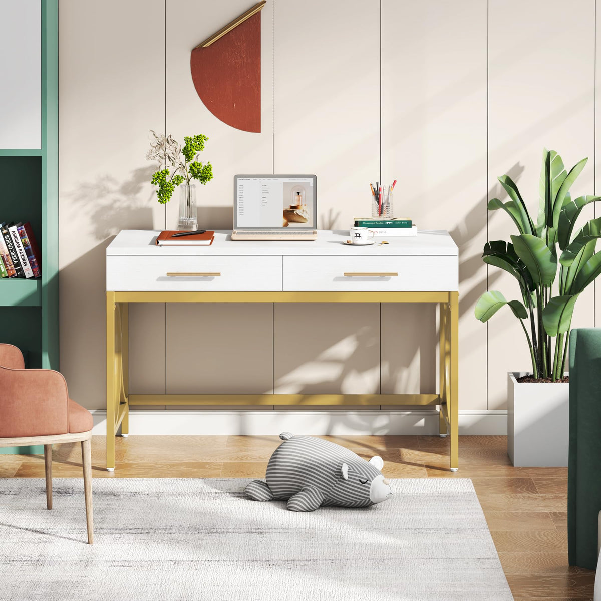LITTLE TREE 41" Computer Desk with Two Drawers, Modern Study Writing Desk with Storage, White Makeup Vanity Table Office Desk with Gold Metal Frame for Home Office
