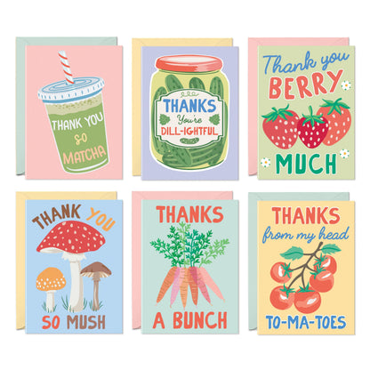 Sweetzer & Orange S&O Funny Thank You Cards – 24 Punny Blank Cards with Envelopes – 6 Cute Card Design – 4x5.5 Appreciation Note Cards – Glossy Outside, Matte Inside – Pink, Green & Yellow Envelopes