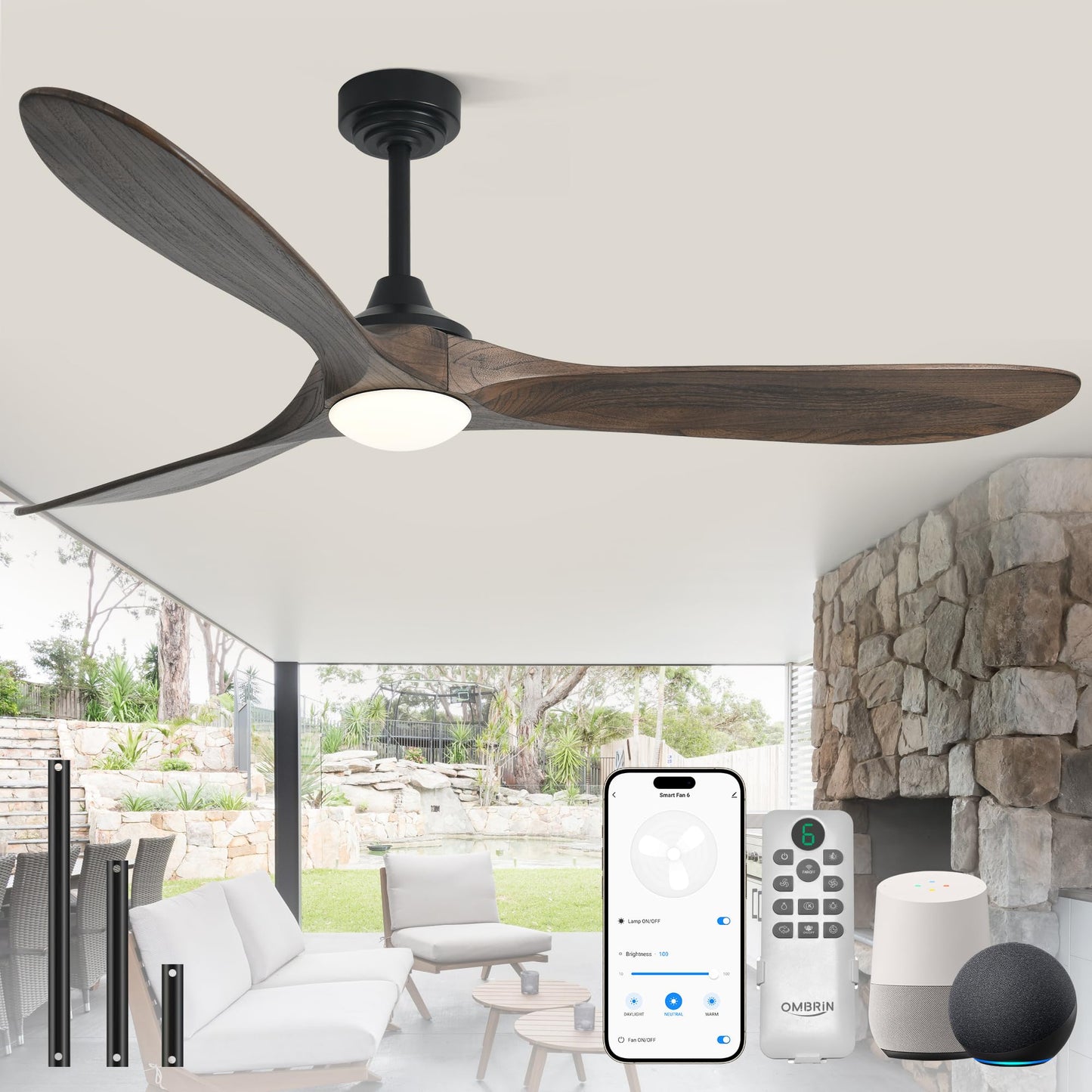 Ombrin 72 inch Outdoor Ceiling Fans with Lights,Smart Wood Large Ceiling Fan for Alexa,Google & APP Control,Indoor/Outdoor,3 Blades,3CCT Dimmable,Deep Brown Walnut,Downrod Mount for Patio Porch