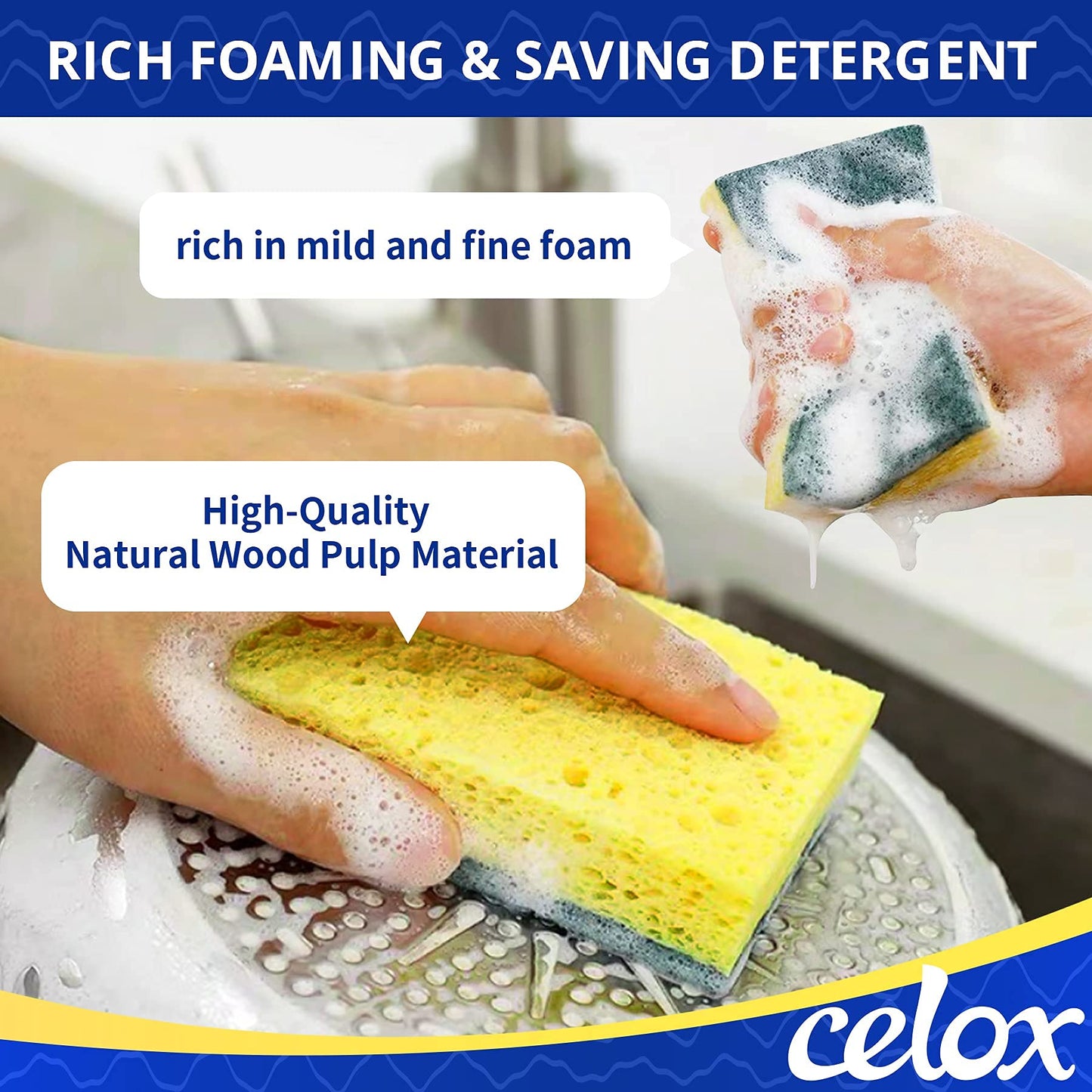 CELOX Sponges Kitchen Sponges for Dishes and Cleaning, 2-Sided Scrub Sponges Dish Sponge and Kitchen Sponge for Washing Dishes, Heavy Duty, Non-Scratch, Sinks, Household Use, Green and Yellow, 12-Pack