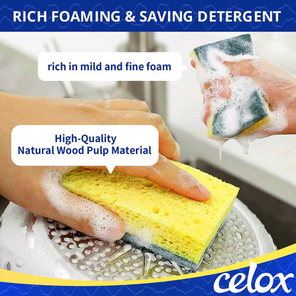 CELOX Sponges Kitchen Sponges for Dishes and Cleaning, 2-Sided Scrub Sponges Dish Sponge and Kitchen Sponge for Washing Dishes, Heavy Duty, Non-Scratch, Sinks, Household Use, Green and Yellow, 12-Pack