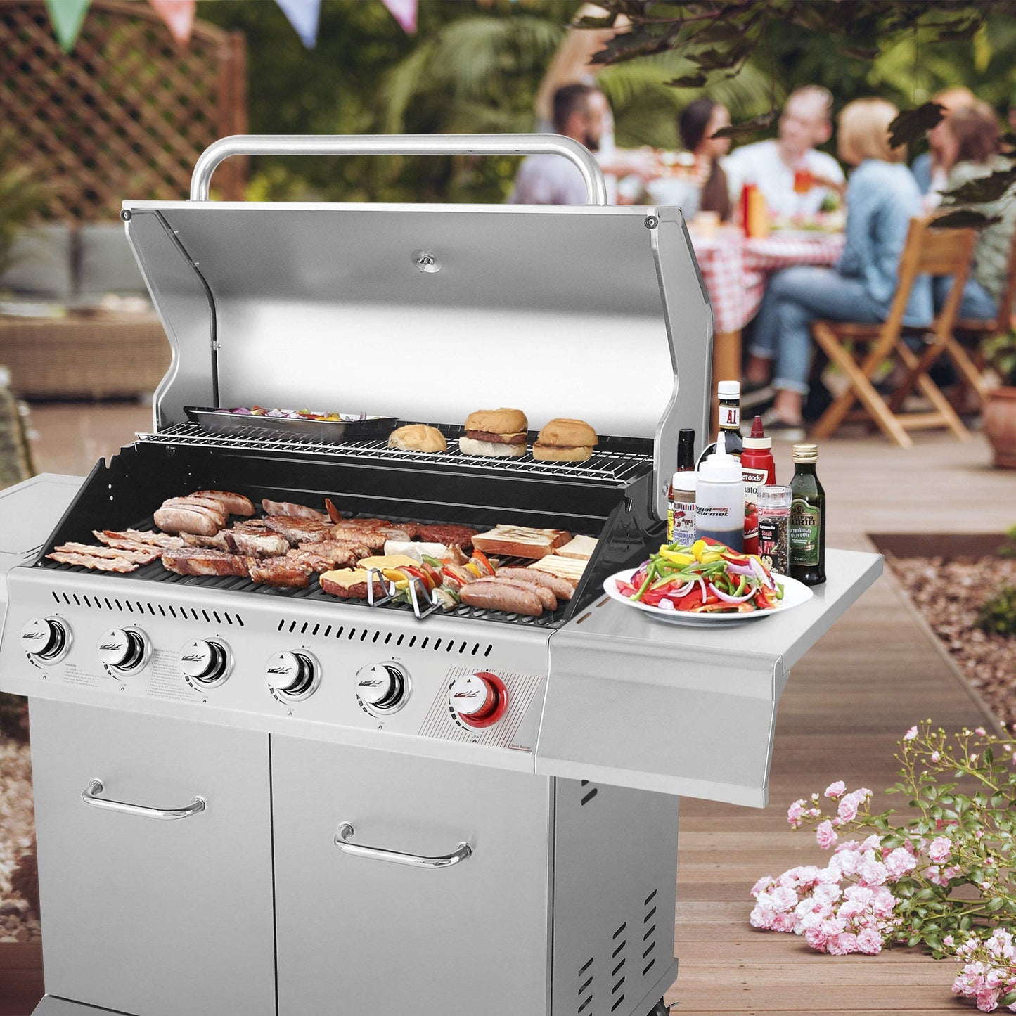 Royal Gourmet GA6402S 6-Burner Propane Gas Grill with Side Burner and Warming Rack, 74,000 BTUs, Cabinet Style Outdoor BBQ Grill for Barbecue Grilling & Backyard Cooking, Silver