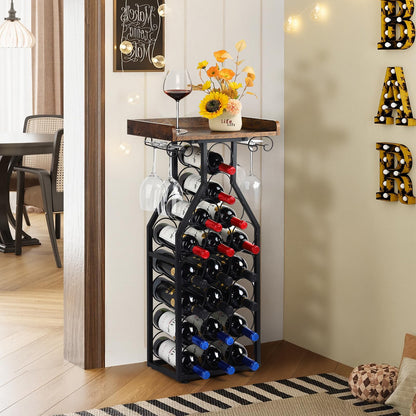 Plinthos Wine Rack Floating Shelvesr Versatile Liquor Stand for Home Bar Mini Bar Table Wine Holder Stand Liquor Cabinet with Glass Holder Wood Tabletop 19 Bottles Floor Dining Room, Living Room