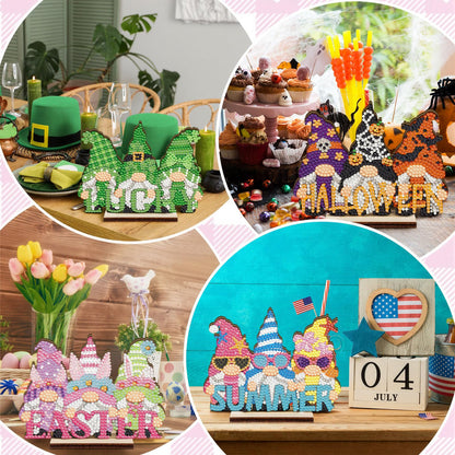 YooNotee 12 Sets Interchangeable Seasonal Diamond Art Tabletop Decorations Holiday Diamond Art Painting Kit with 12 Wood Base for Table Tiered Tray Decor Craft Graduation Centerpiece (Gnome)
