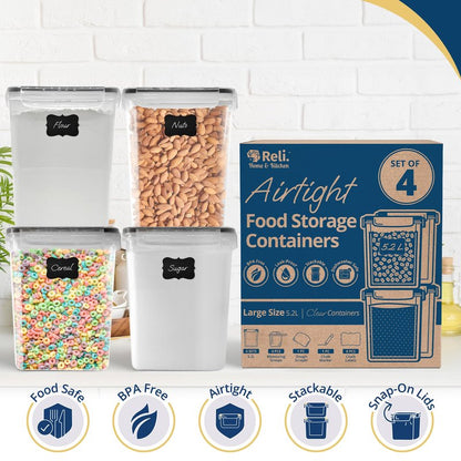 Reli. 5.2L Airtight Food Storage Containers with Lids (4 Sets) | Kitchen Organizers and Storage Pantry Organizers | BPA Free Plastic Container Set w/ 4 Measuring Cups, Dough Scraper, 6 Labels, Pen
