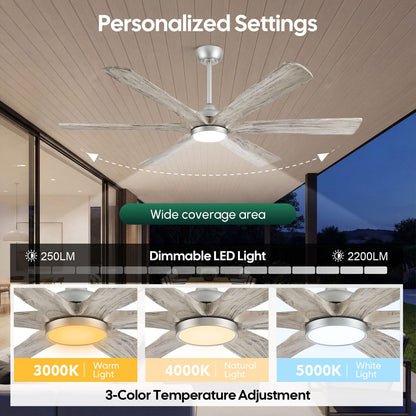 60 Inch Farmhouse Rustic Ceiling Fan with Light, Modern Smart Alexa/APP /Remote Control, Outdoor Fans for Patio Damp Rated, 6 Solid Wood Blades, High CFM Quiet DC Motor for Indoor Living Room Bedroom