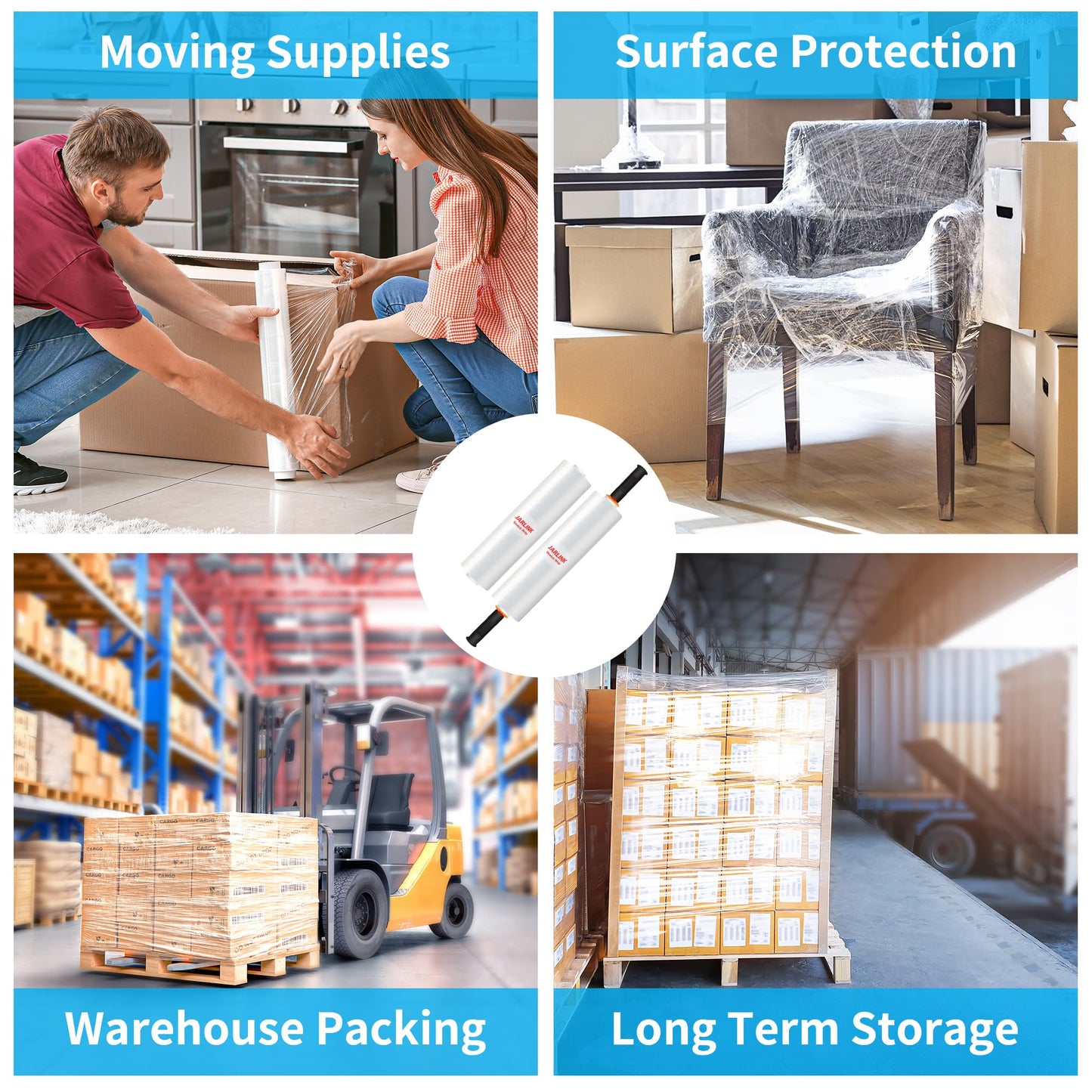 JARLINK Stretch Film, 80 Gauge,15 Inch x 1000 Feet Shrink Wrap for Pallet Wrap, Industrial Strength Stretch Wrap up to 800% Stretch with Handles, Moving Wrapping Plastic Roll, 2 Pack
