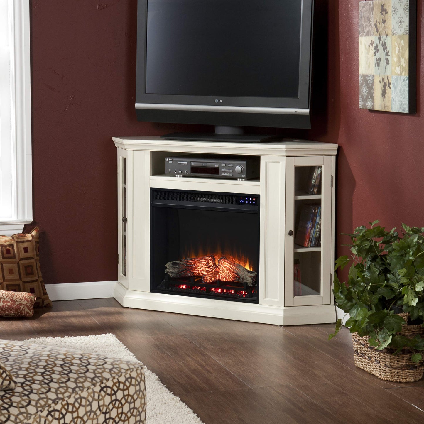 SEI Furniture Claremont Corner Convertible Electric Fireplace with Storage, New Ivory