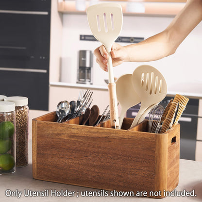 SANOSY 16" Wooden Kitchen Utensil Holder, Extra Large Acacia Wood Organizer for Cooking Tools, Utensils & Cutlery Storage – 4-Compartment Countertop Holder