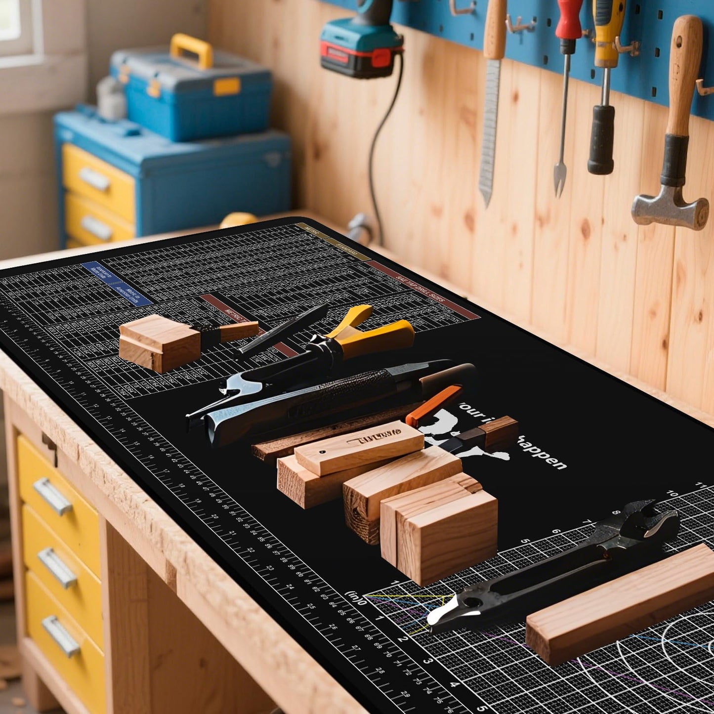 NELOMO Rubber Work Mat 100cm×40cm, Rubber Cutting Pad with Standard Metric Conversion Charts Tap Drill Sizes Reference, Bench Mat for Handicraft/Mechanical/Woodworking/Sewing Enthusiasts