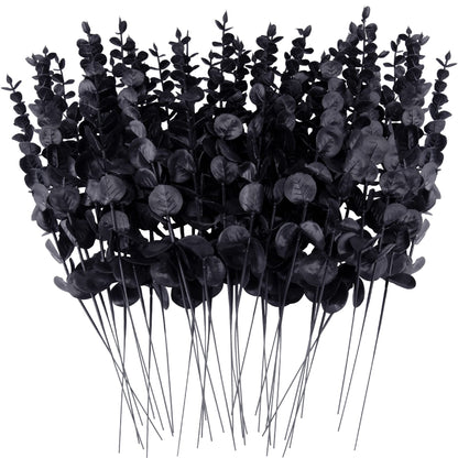 FEQO 36 Pcs Black Eucalyptus Stems Artificial Leaves Faux Eucalyptus Stems Branches 15 inch for Wedding Bouquet Home Decor