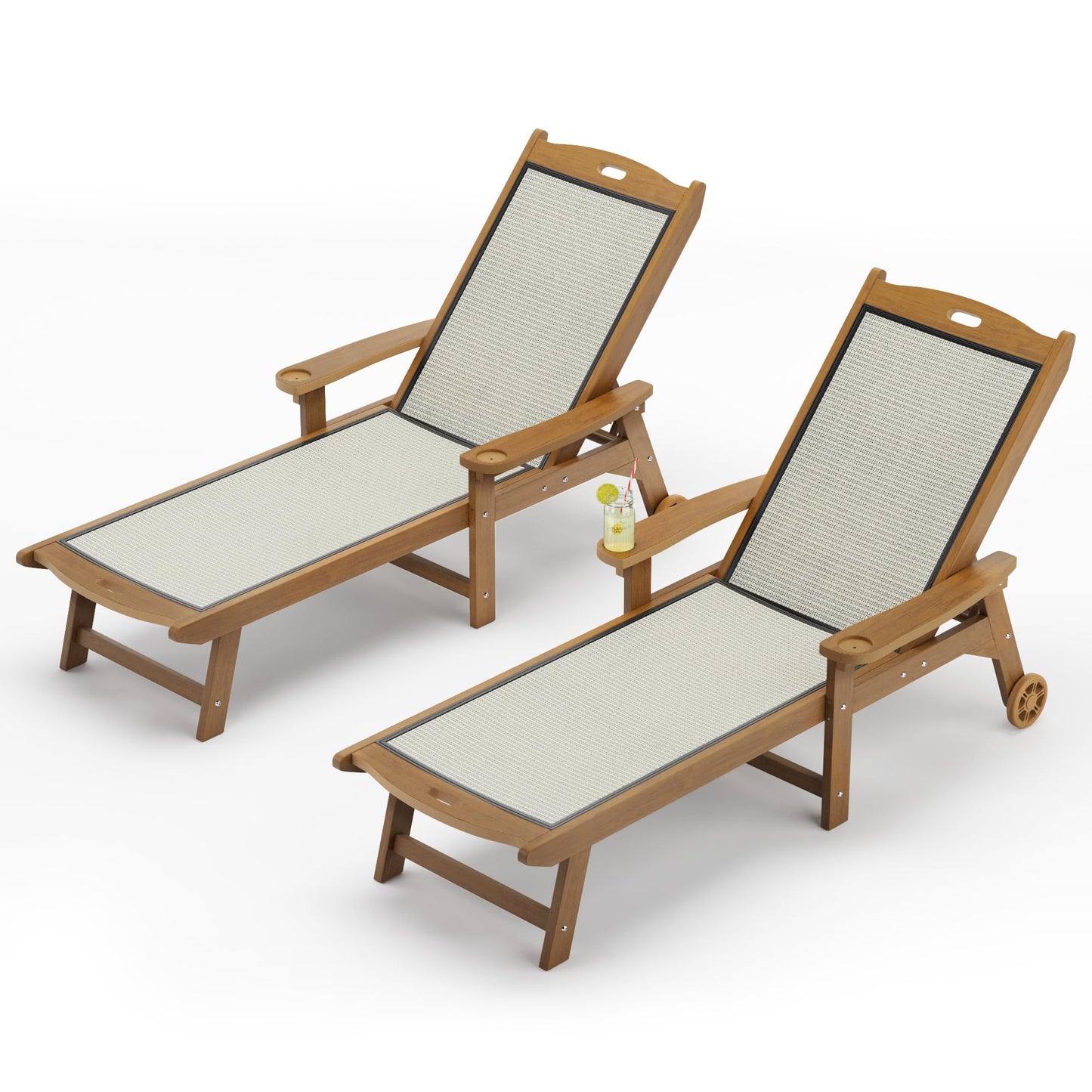 LUE BONA Chaise Lounge Chair Outdoor, HDPS and HDPE Wicker Material, Patio Lounge Chair with Adjustable Backrest, Resin Pool Lounge Chairs with Wheels for Backyard, Poolside and Deck,Teak