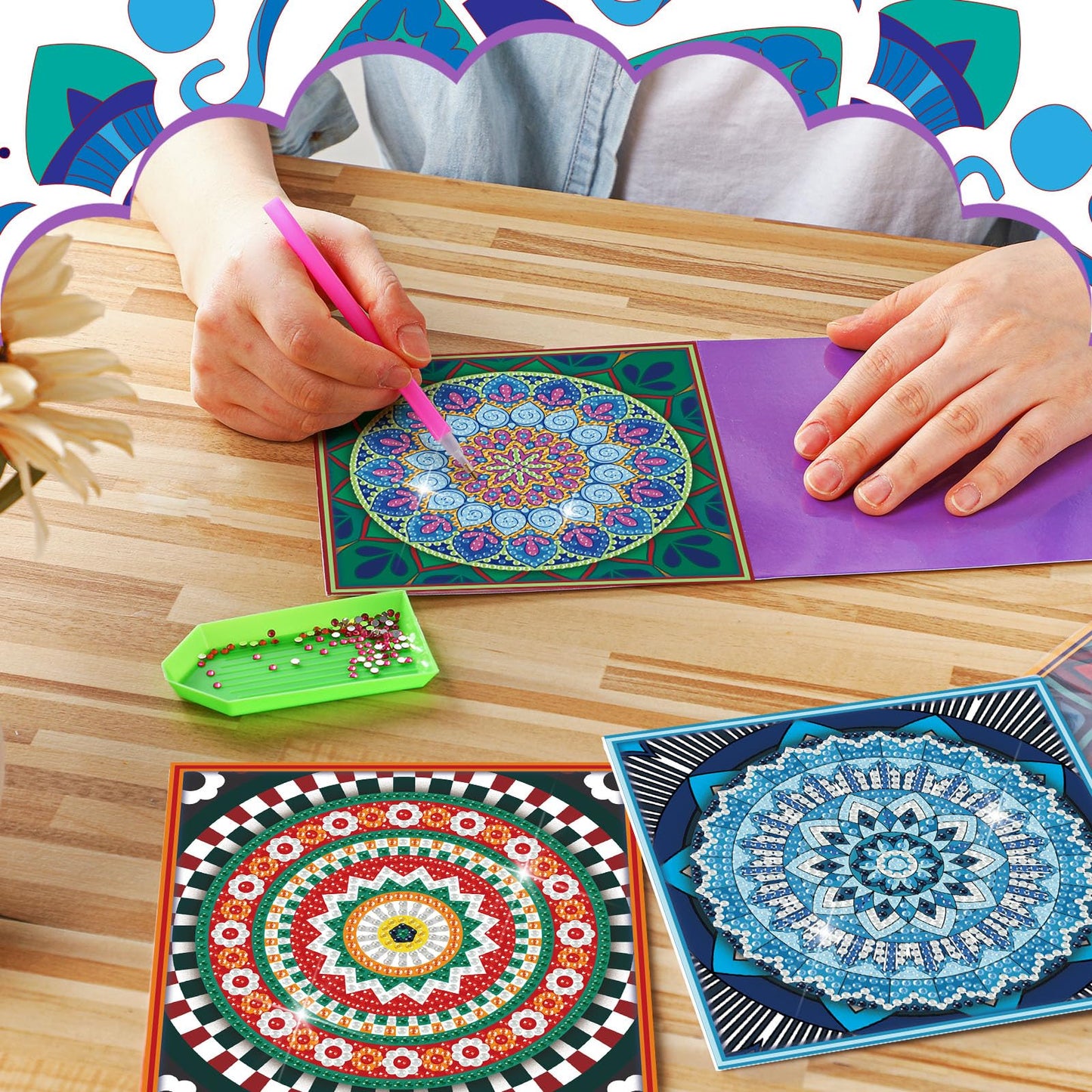 Saillong 12 Pack Mandala Diamond Painting Greeting Card Kits DIY Diamond Art Cards with Envelopes Flower 5D Rhinestones Painting Kits for Adults DIY Crafts Family Friend Birthday Gifts