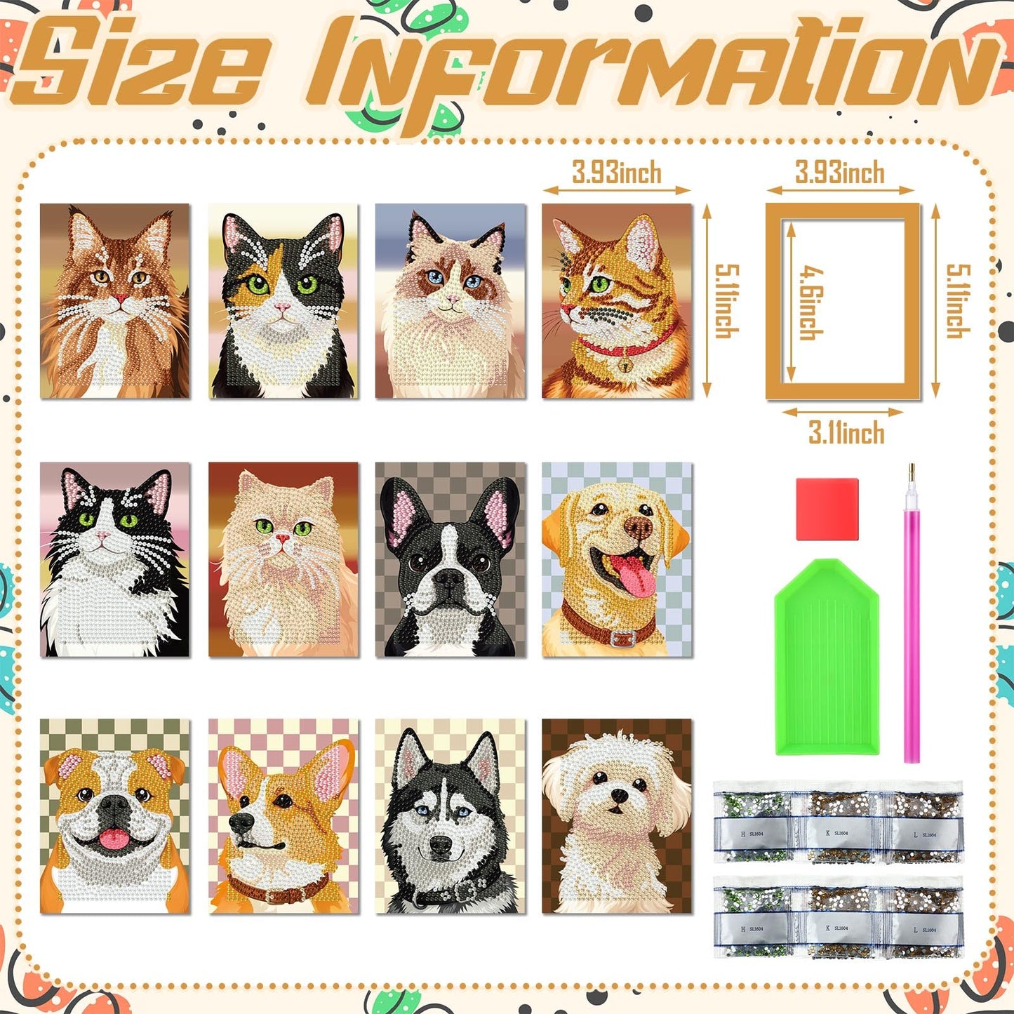 Saillong 24 Pcs Small Diamond Painting Kits Set Mini Diamond Art Set for Beginners, Full Paint Art 1-Hour Painting for Home Decor Desktop, 5.12x3.94 Inches(Cat and Dog)