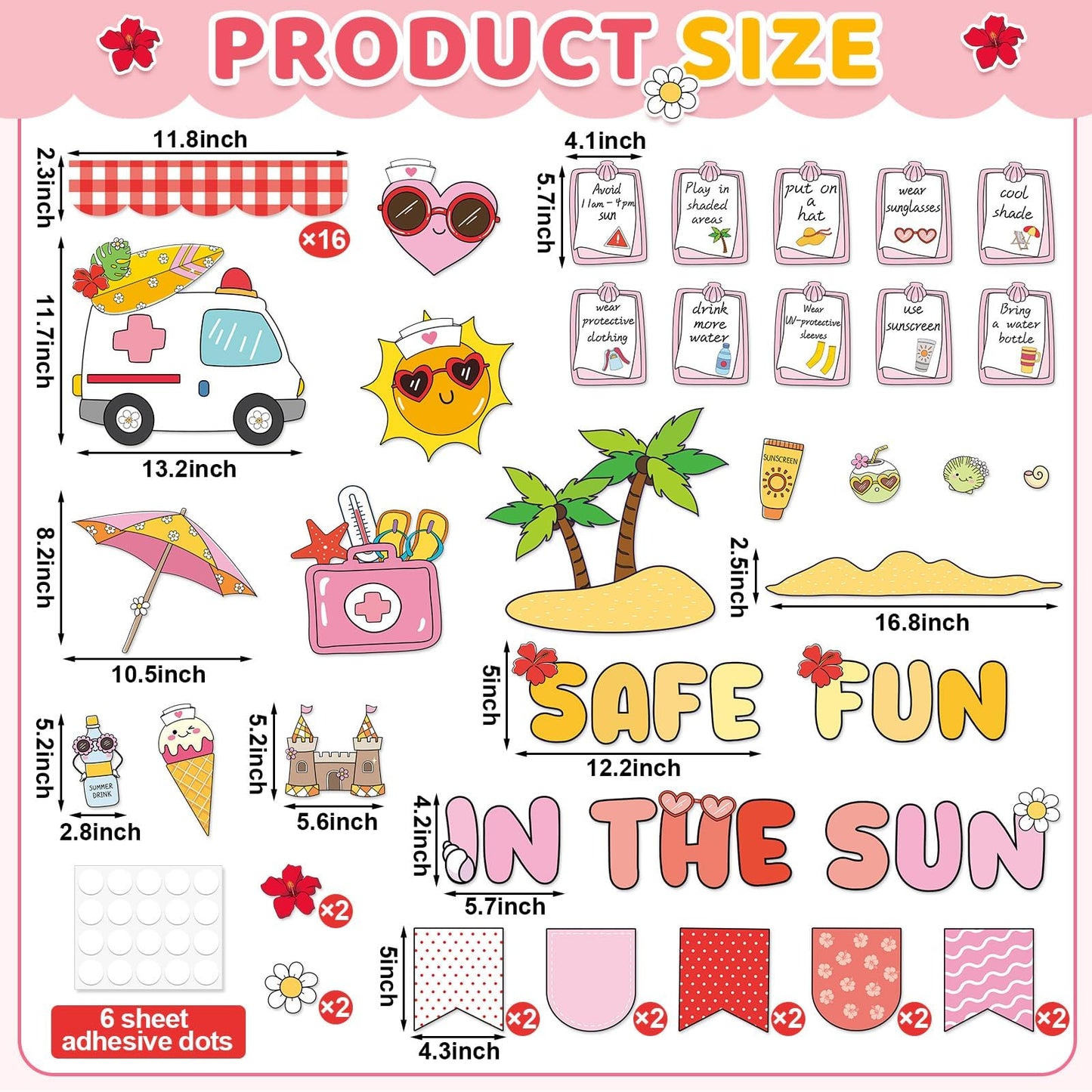 Safe Fun in the Sun Bulletin Board Set Summer Sun Classroom Decorations Tropical Hawaiian Classroom Sunshine Safety Paper Cutouts for Summer Back to School Teachers Chalkboard Wall Door Decor