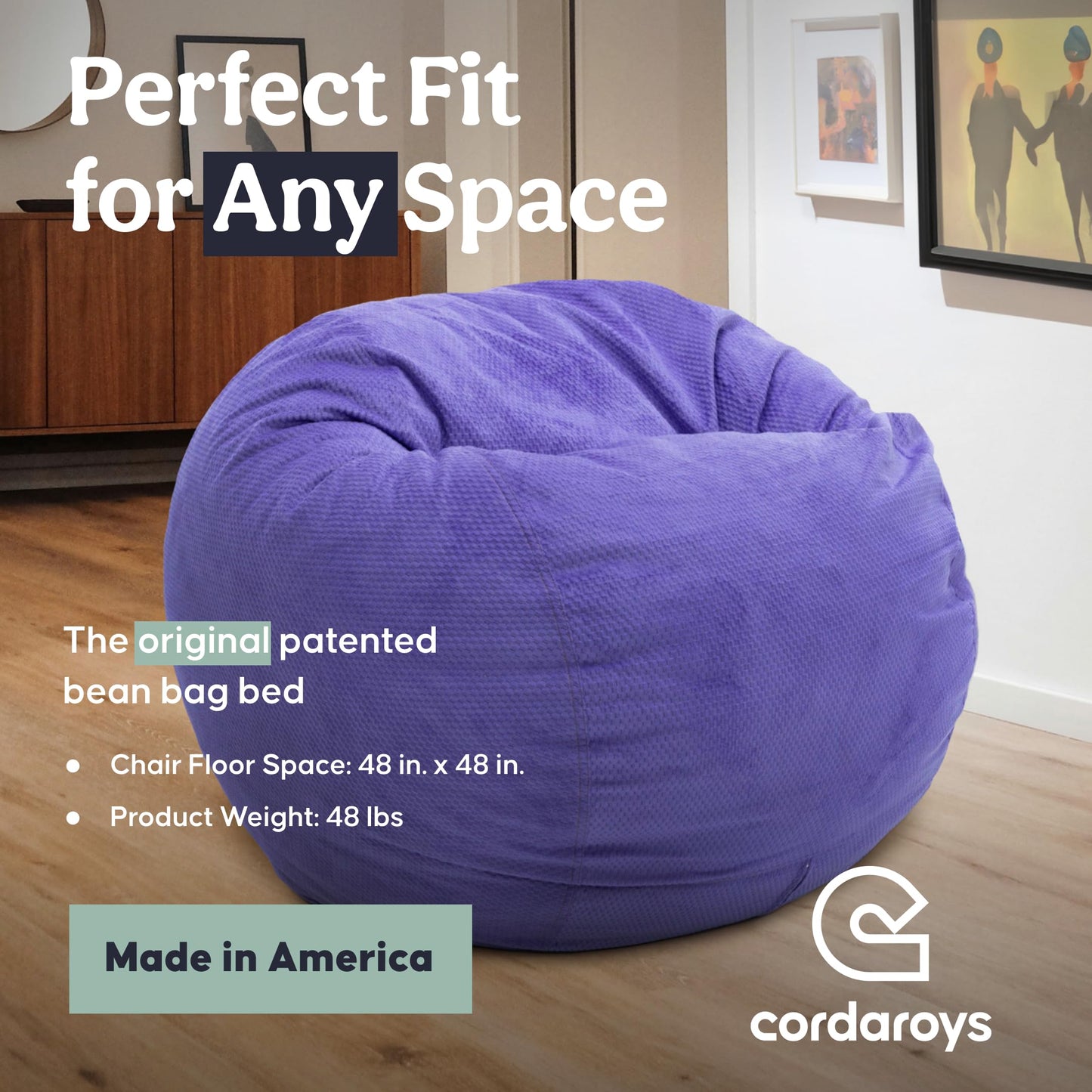 CordaRoy's Chenille Bean Bag Chair, Convertible Chair Folds from Bean Bag to Lounger, As Seen on Shark Tank, Very Peri Purple - Queen Size