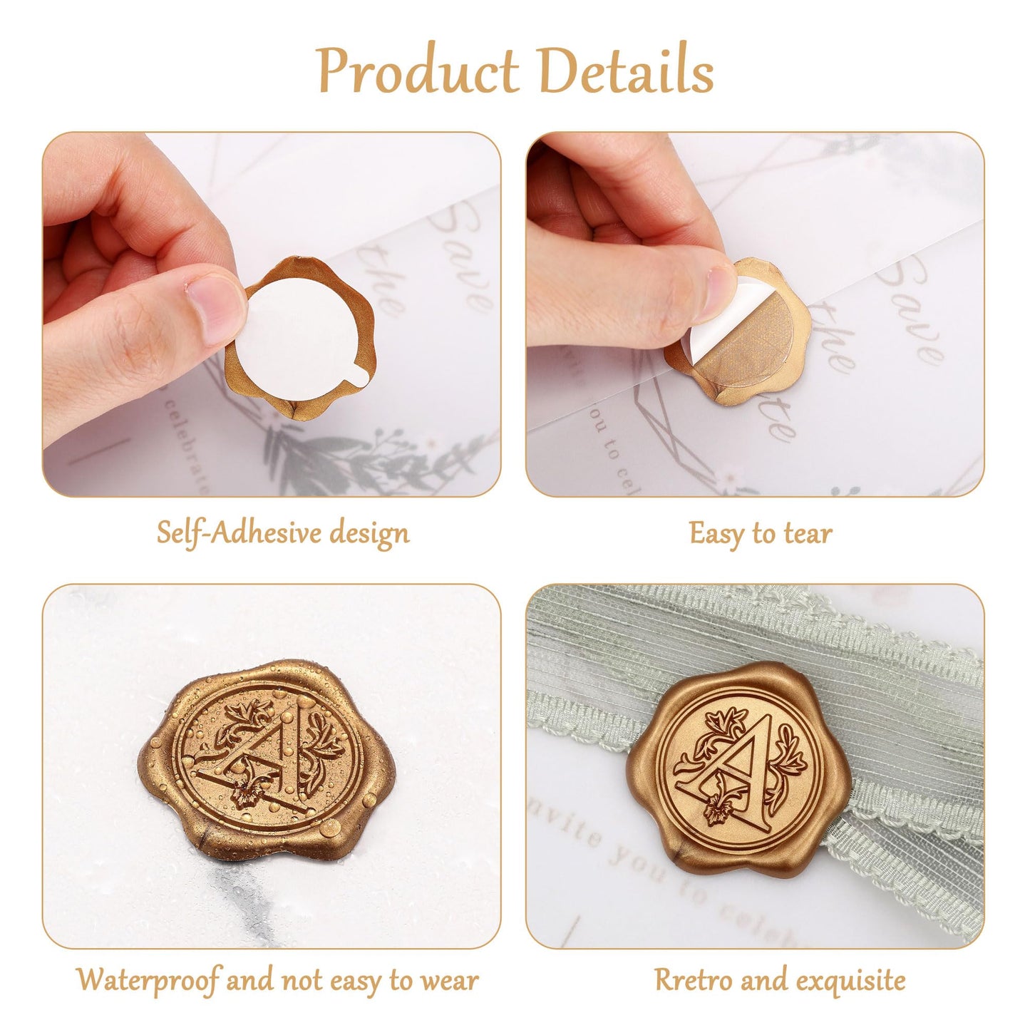 Yoption 50Pcs Initial A Wax Seal Stickers, Retro Antique Gold Letter Self Adhesive Envelope Seal Stickers for Wedding Party Birthday Christmas (A)